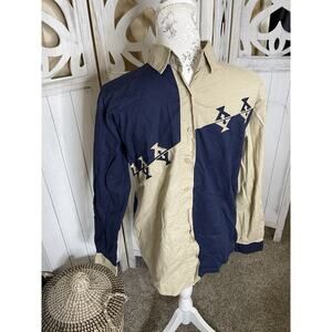 Vintage Ozark Mountain Jean Co Western Shirt Size Medium Cowboy Tan Blue